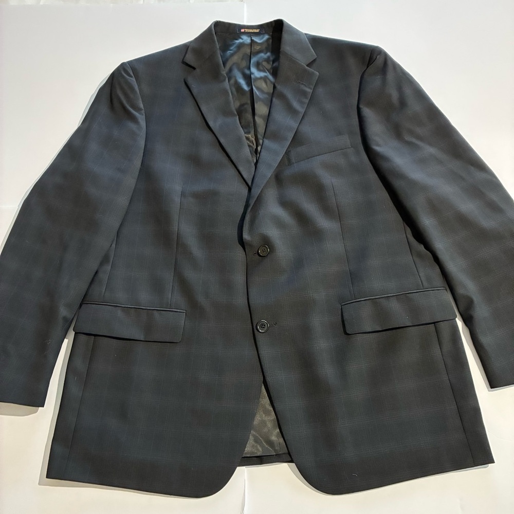 Hart Schaffner Marx Black Sport Coat 46R Black Gray Blue Subtle Plaid